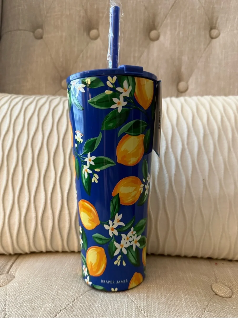 Draper James Blue Tumbler with Yellow Lemon Motif and Matching Straw
